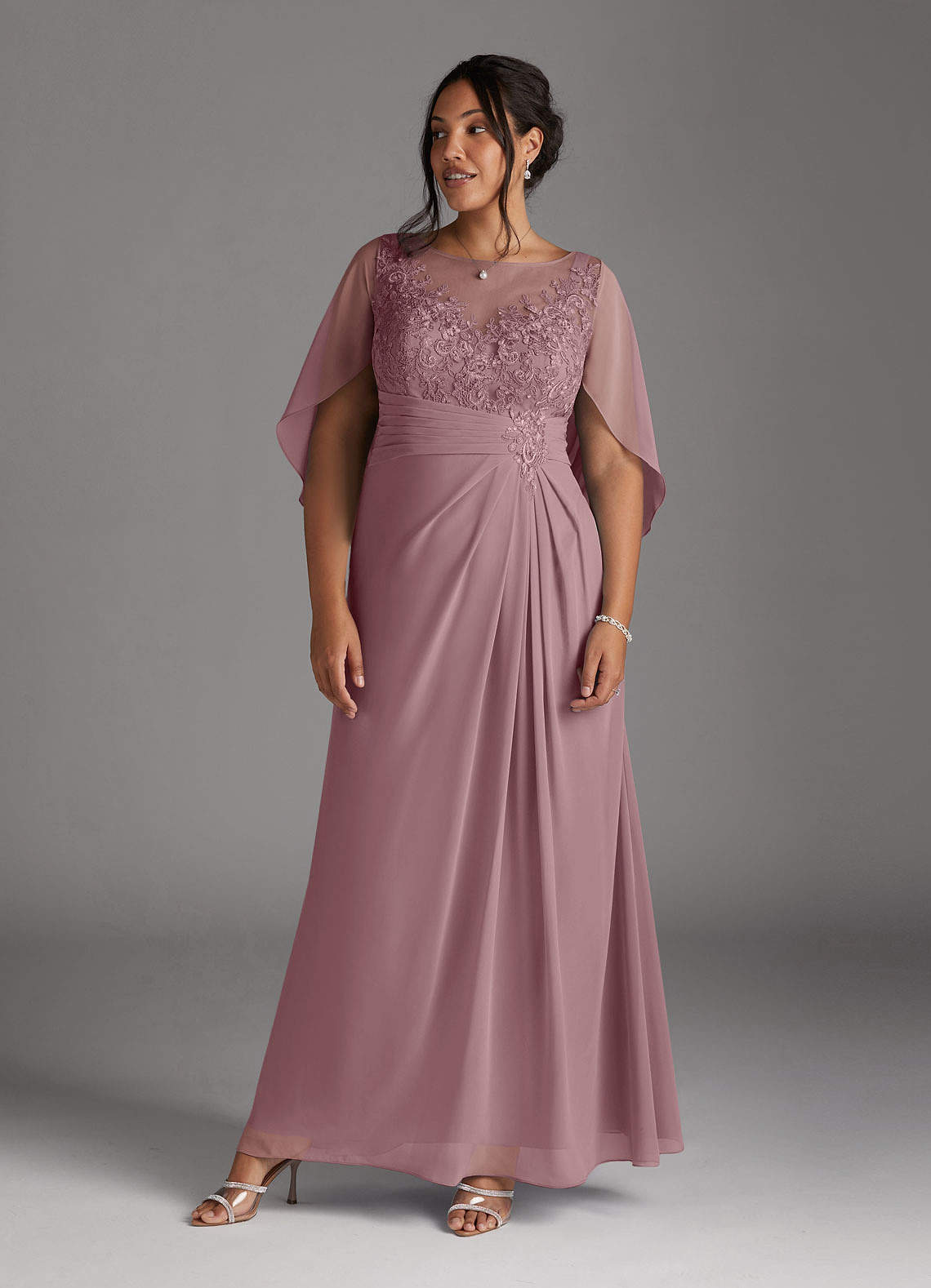 Azazie Hera Mother of the Bride Dresses Dusty Rose A-Line Lace Capelet Chiffon Dress image7