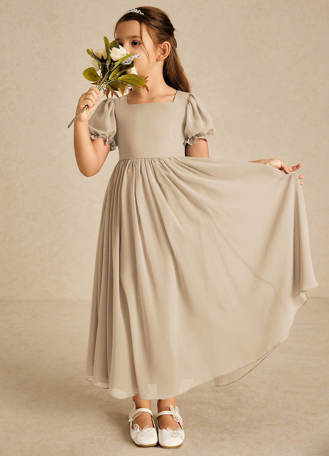 Azazie Joss Flower Girl Dresses Champagne A-Line with Sleeves Chiffon Dress image1