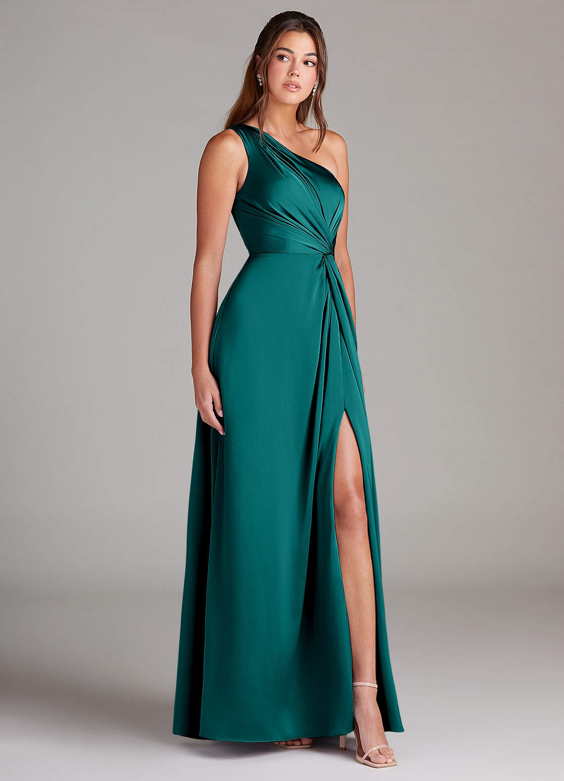 Azazie Brooke Abiti da Damigella Abito A-Line in Raso Elasticizzato Monospalla Verde Pavone image3