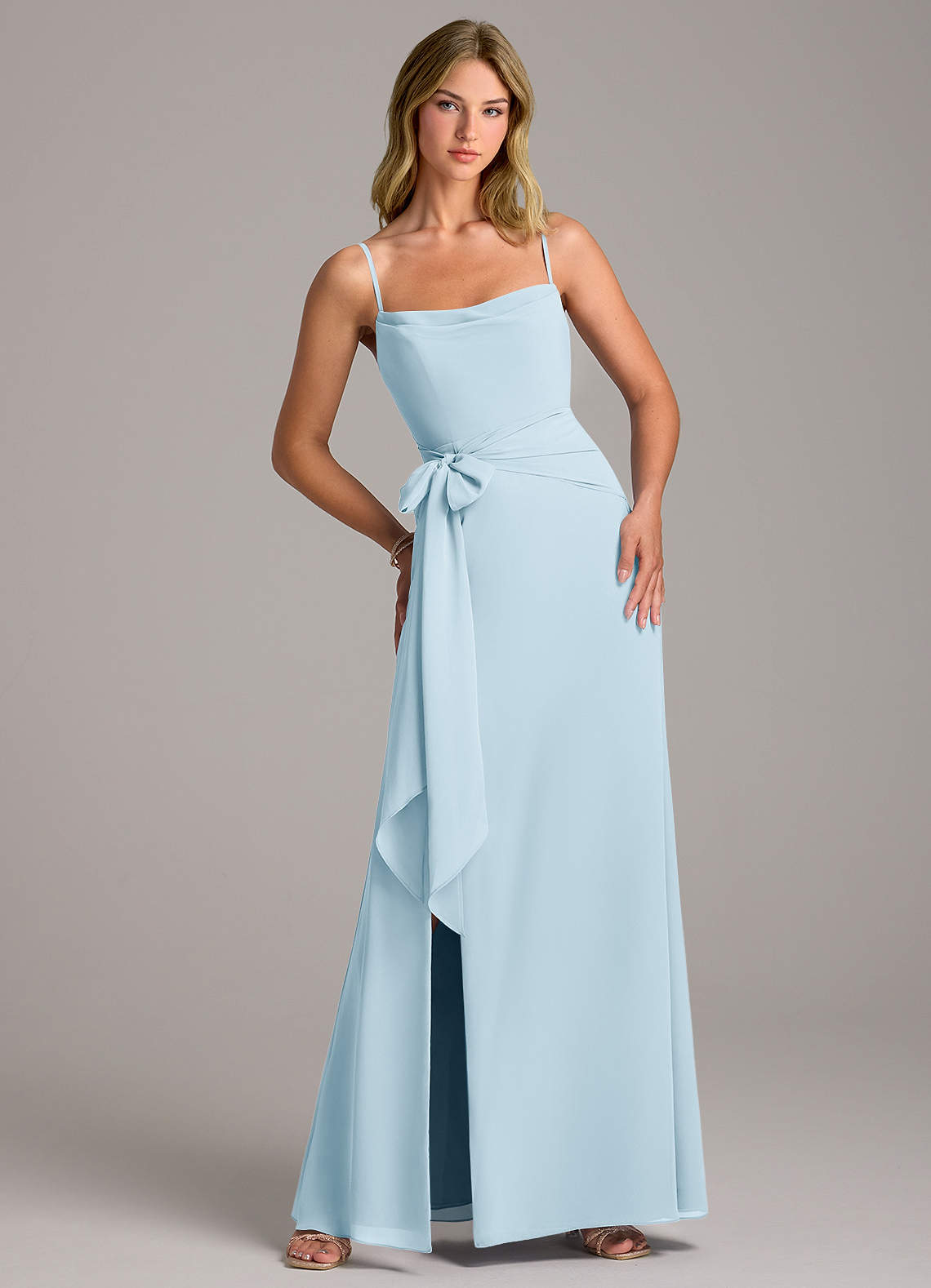 Azazie Tahlia Bridesmaid Dresses Sky Blue A-Line with Belt Chiffon Dress image1