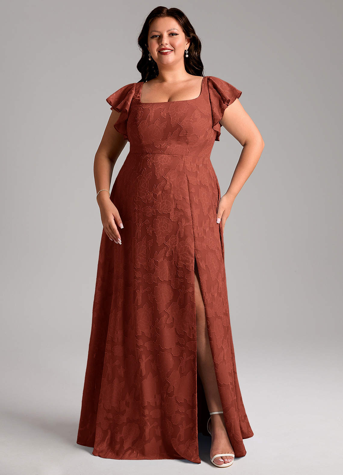 Azazie Bondi Bridesmaid Dresses Terracotta A-Line Side Slit Floral Burnout Dress image9
