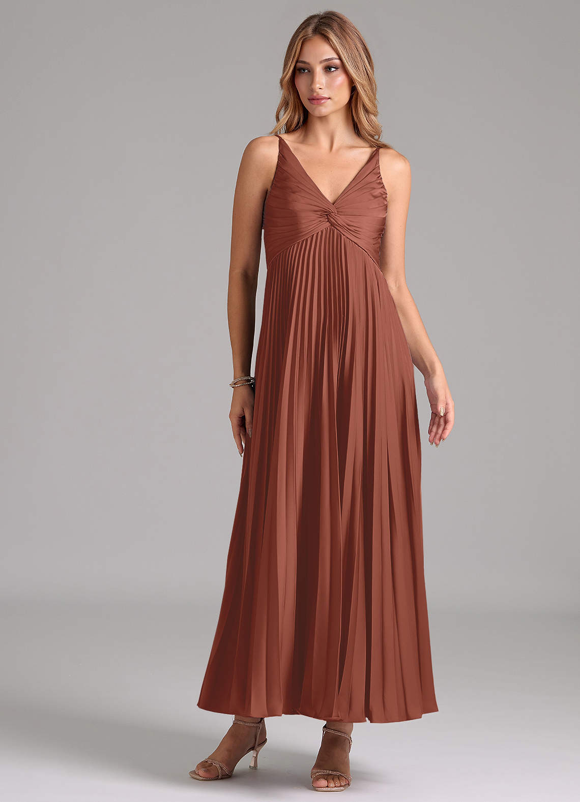 Azazie Raychelle Bridesmaid Dresses Auburn A-Line Pleated Stretch Satin Dress image1
