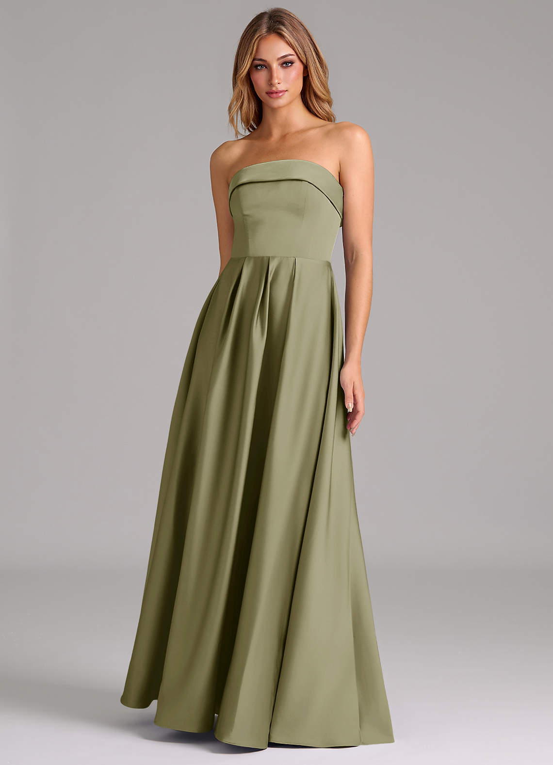 Azazie Lucienne Vestidos de damas de honor Vestido de Pistacho de Satén Elástico de Corte en A Convertible con Sin tirantes image1
