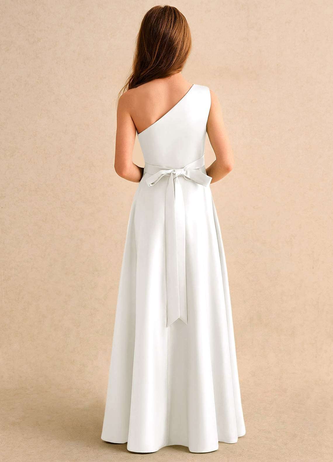 Azazie Puddles Girls Formal Flower Girl Dresses Ivory A-Line One Shoulder Matte Satin Dress image2