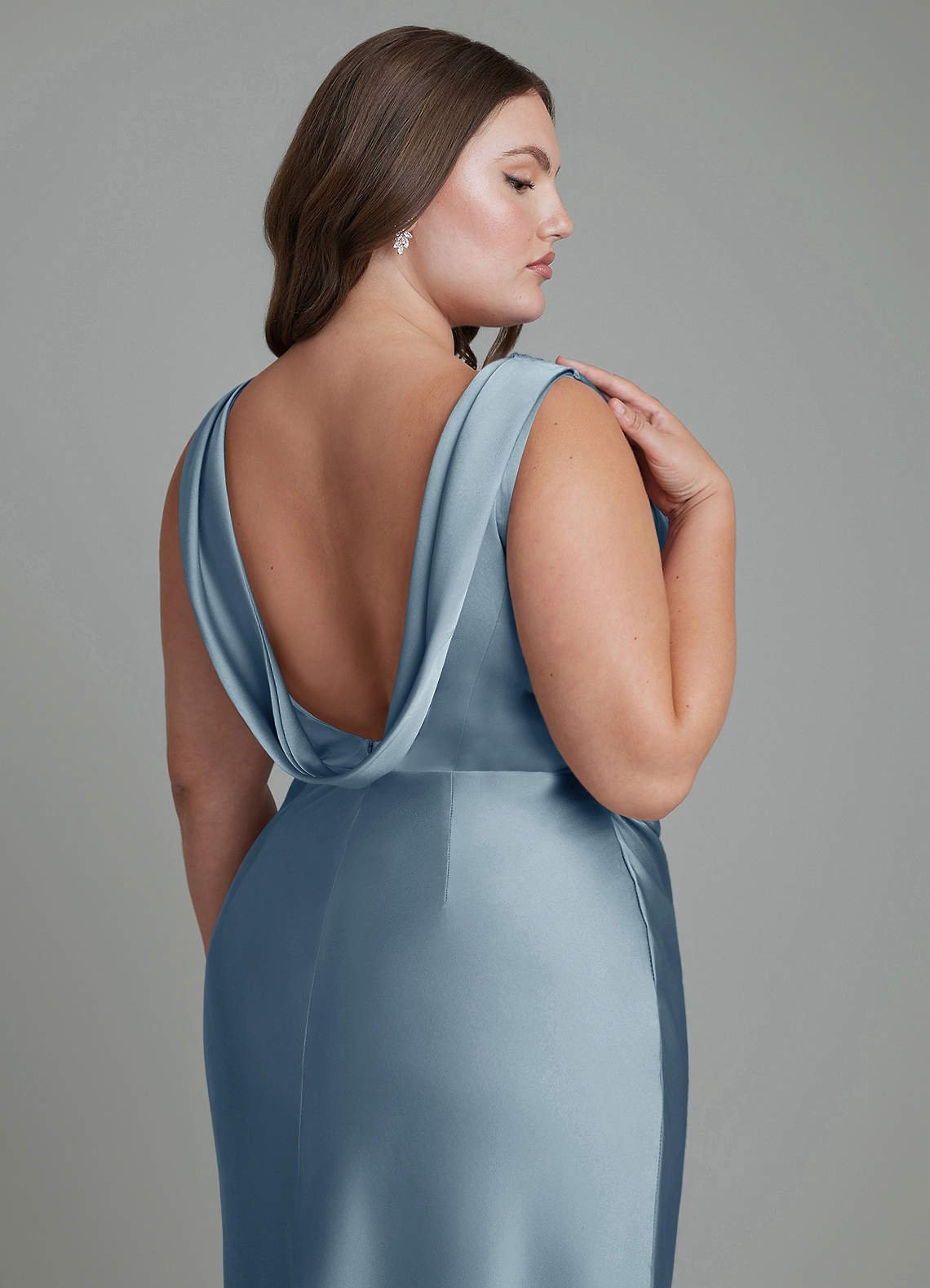 Azazie Kieryn Bridesmaid Dresses Dusty Blue Mermaid Pleated Stretch Satin Dress image13