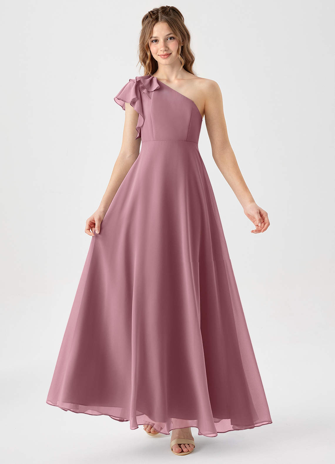 Azazie A-Line/Princess One-Shoulder Floor-Length Chiffon Junior Bridesmaid Dresses - Vintage Mauve