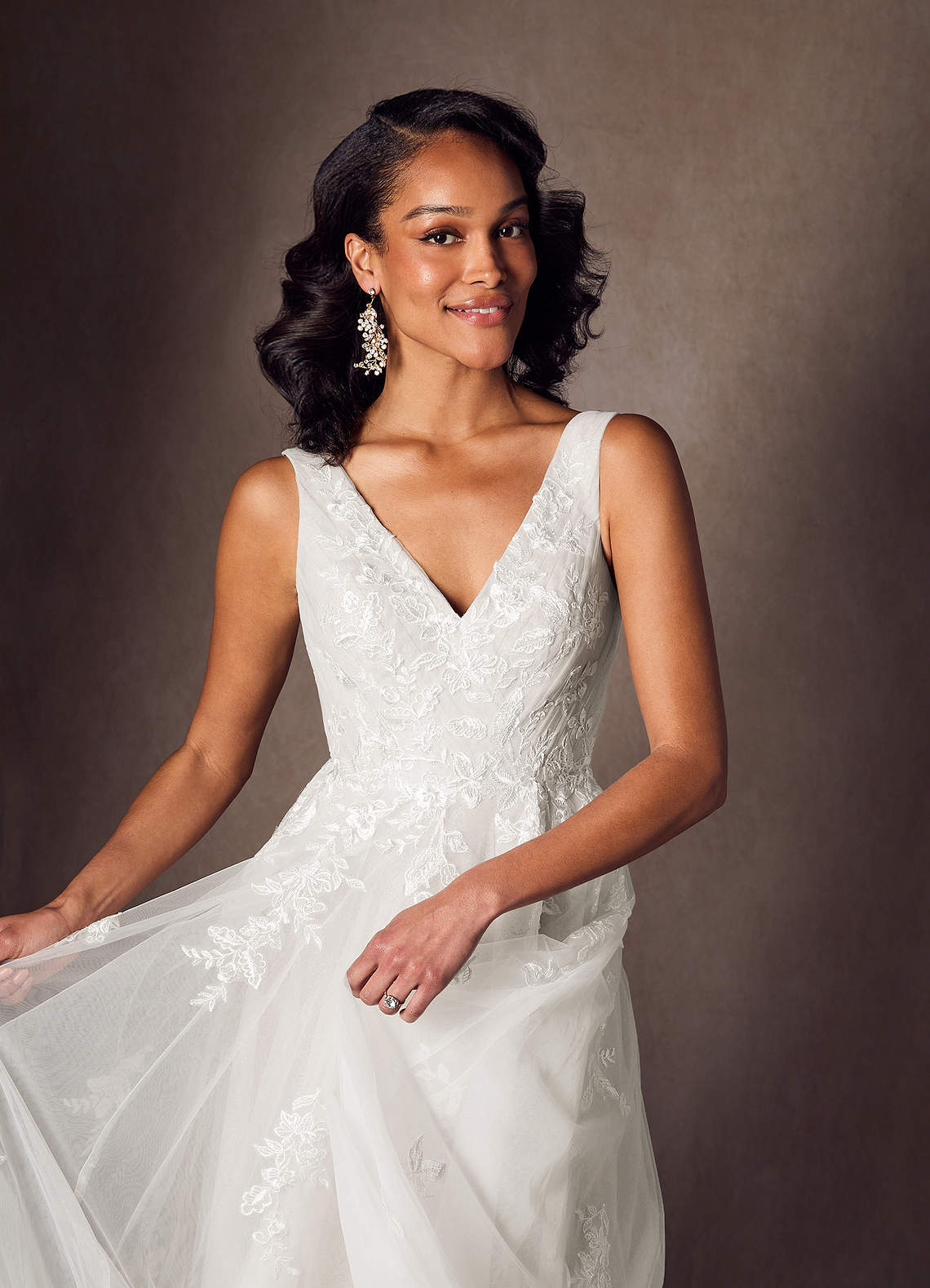 Azazie Joie Diamond White A-Line V-Neck Sequins Tulle Dress Ready