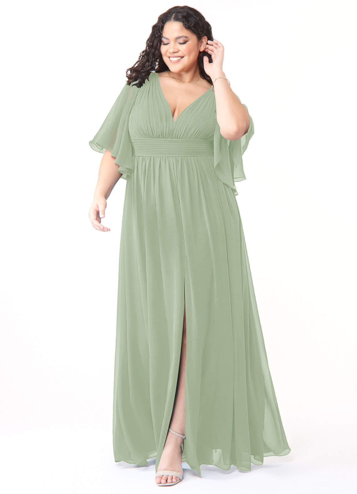 Azazie Temeka Robes de demoiselle d'honneur Robe Trapèze en Mousseline de soie Rayé Vert Sauge image1