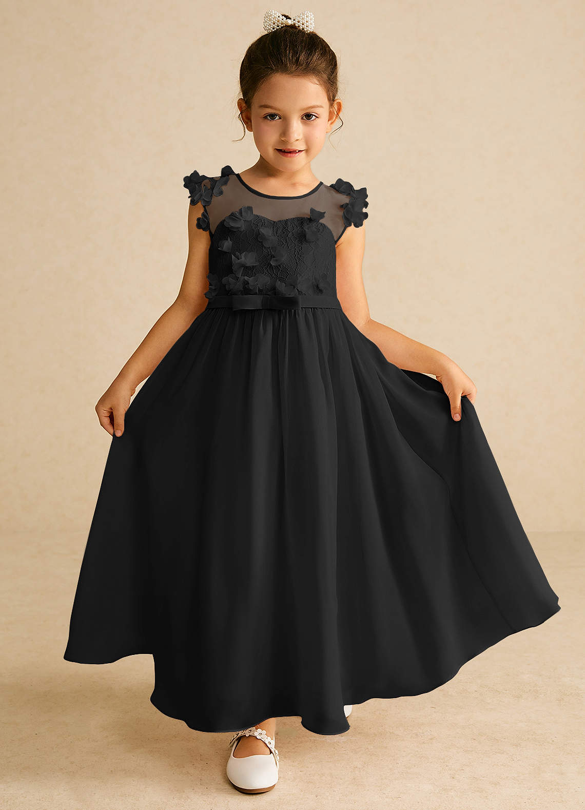 Azazie Arlo Blumenmädchenkleider A-Linie Schleifen Chiffon Kleid Schwarz image1