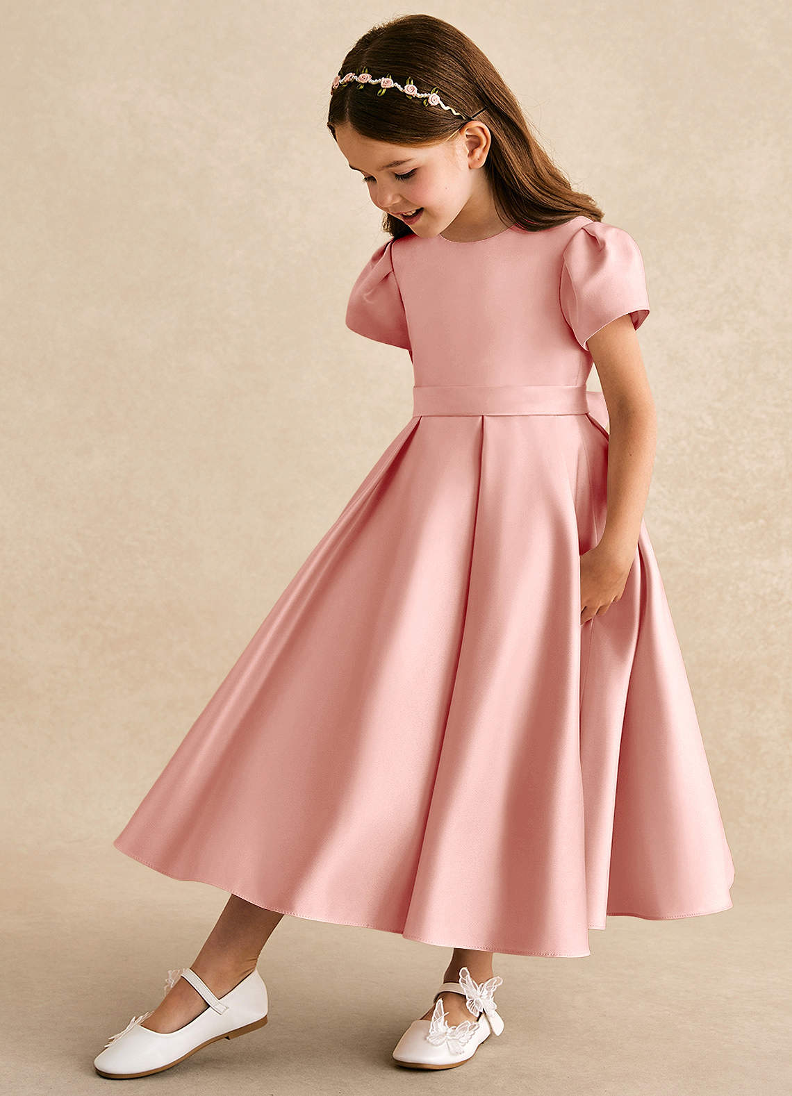 Azazie Princess Flower Girl Dresses Rosette A-Line Pleated Matte Satin Dress image1