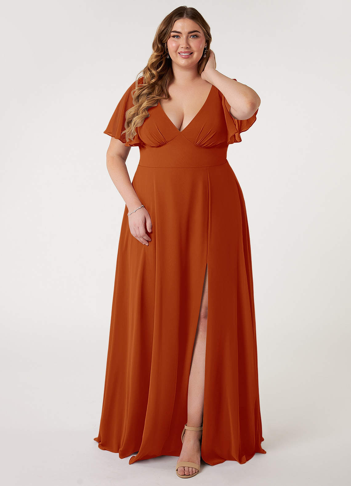 Azazie Kimber Robes de demoiselle d'honneur Robe Trapèze en Mousseline de soie Manches à volants Paprika image1