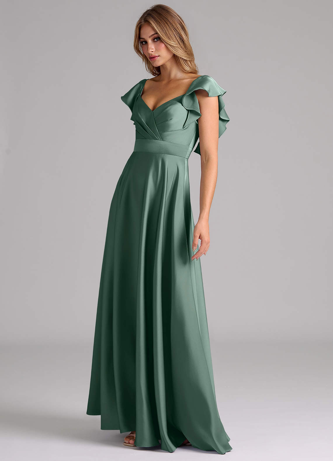 Azazie Leilani Bridesmaid Dresses Eucalyptus A-Line Ruched Stretch Satin Dress image7