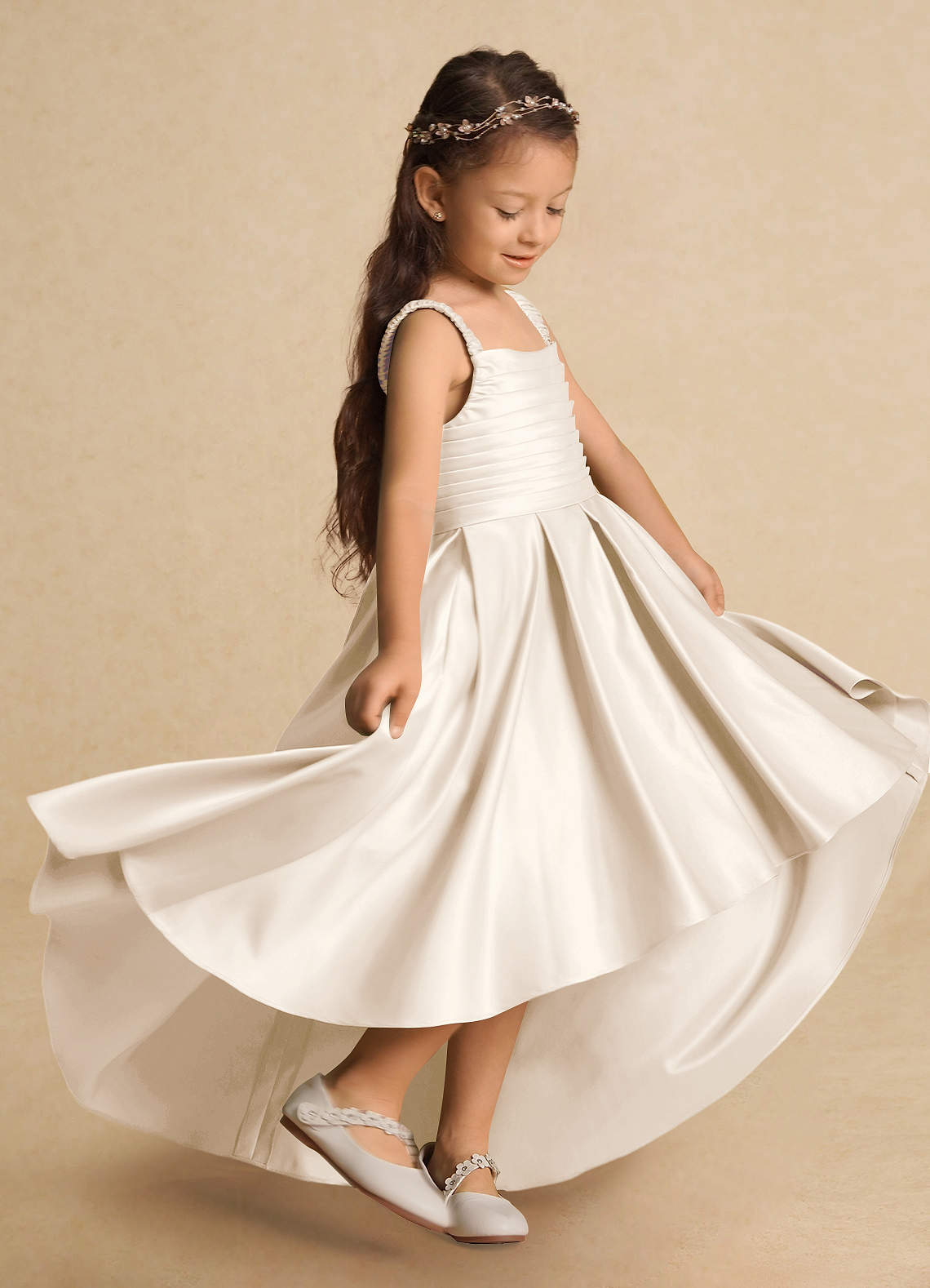 Azazie Kat Flower Girl Dresses White Alabaster A-Line Pleated Matte Satin Dress image1