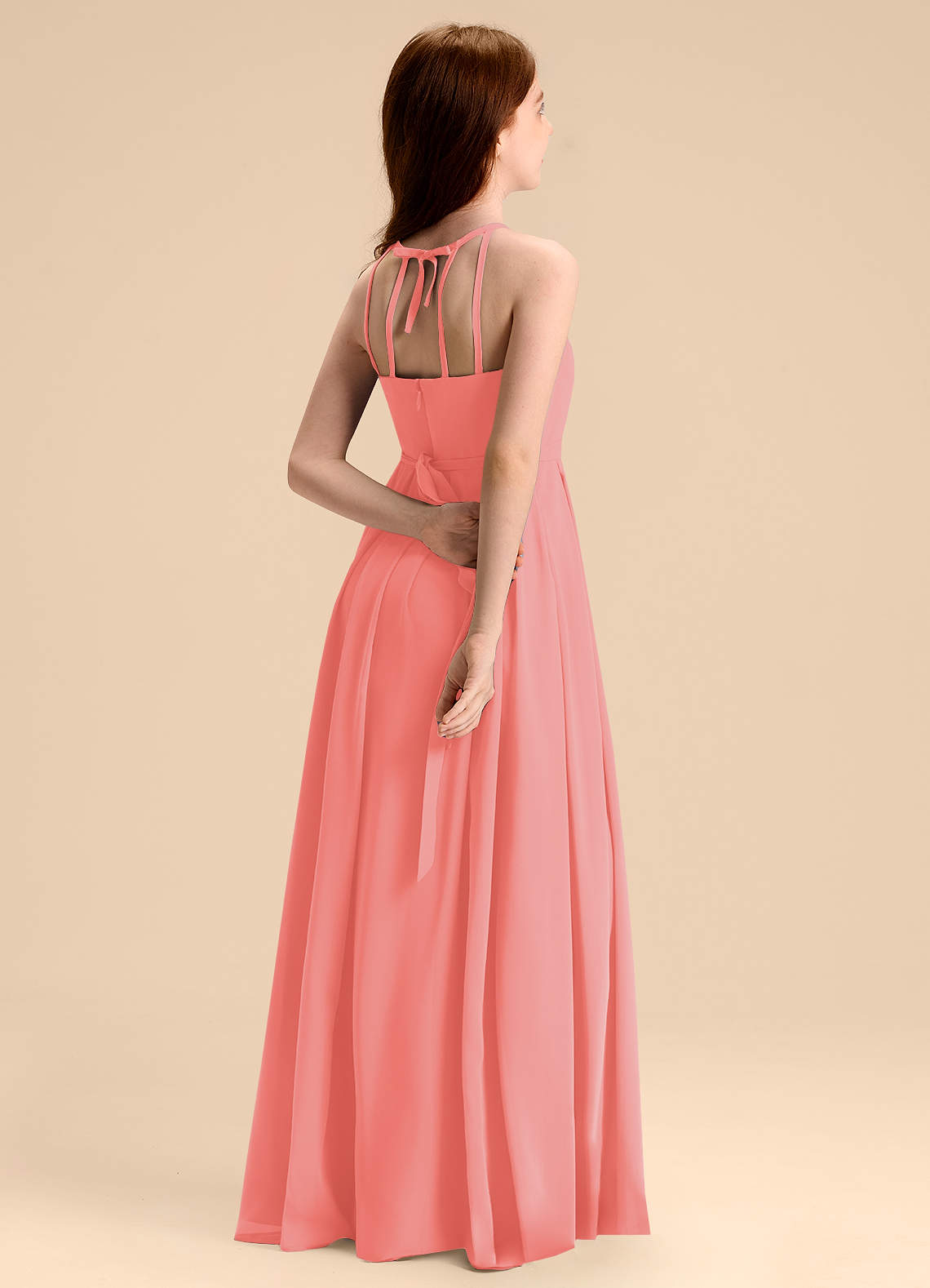 Azazie Arianthe Junior Abito A-Line in Chiffon Plissettato Corallo image1