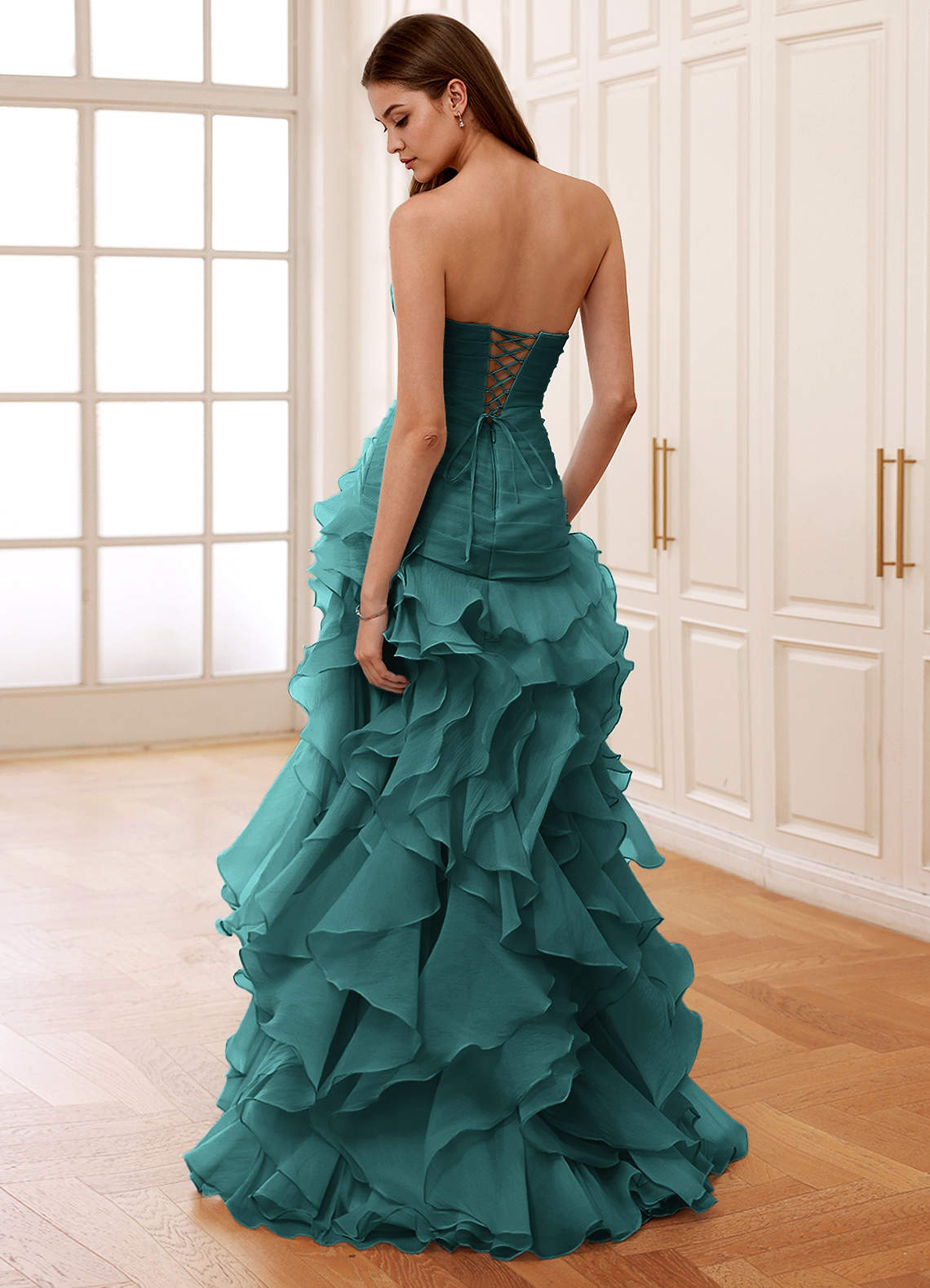 Christabelle Peacock Sweetheart Ruffled Chiffon Dress | Azazie