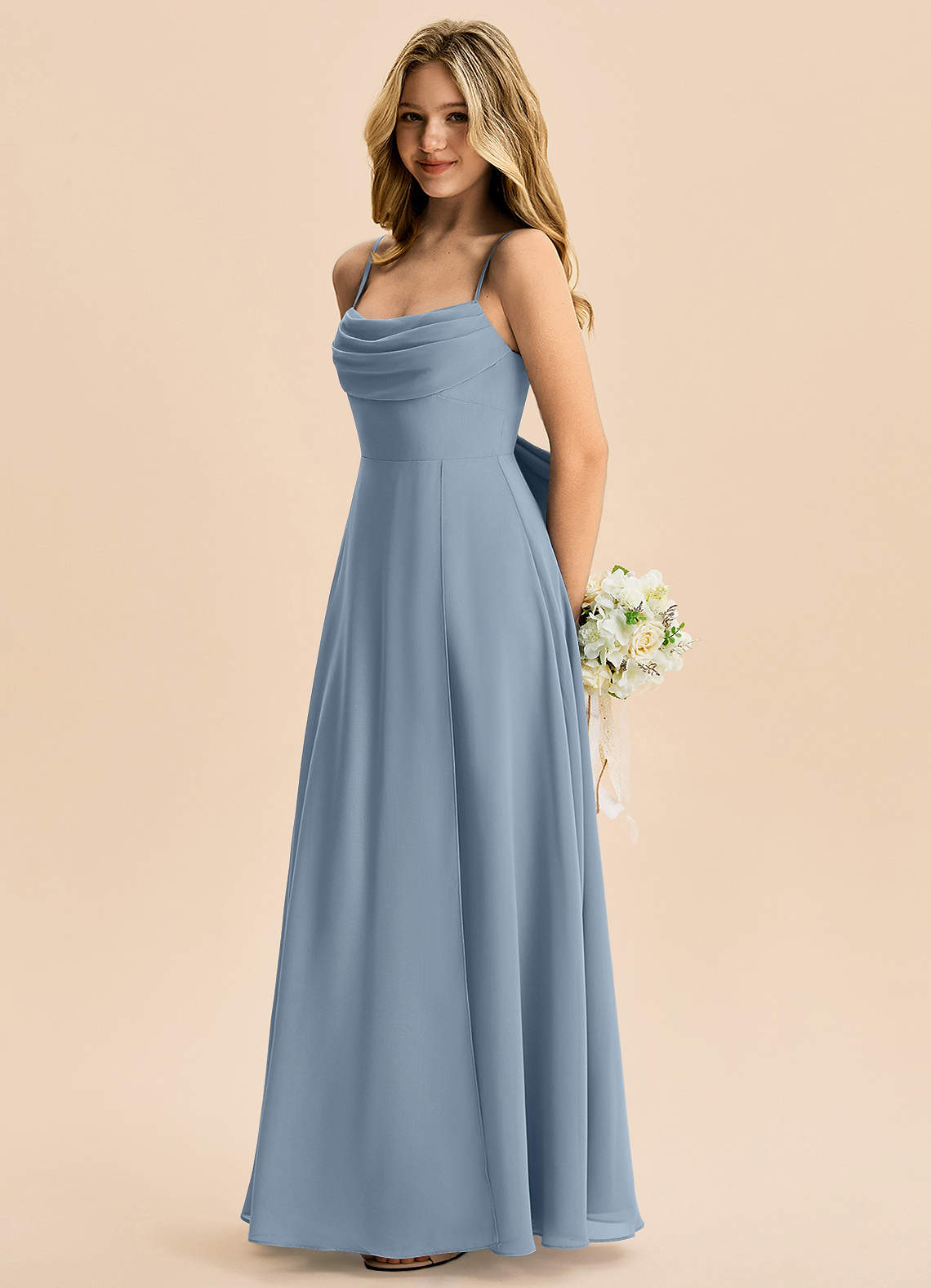 Azazie Bear Junior Dusty Blue A-Line Pleated Chiffon Dress image4