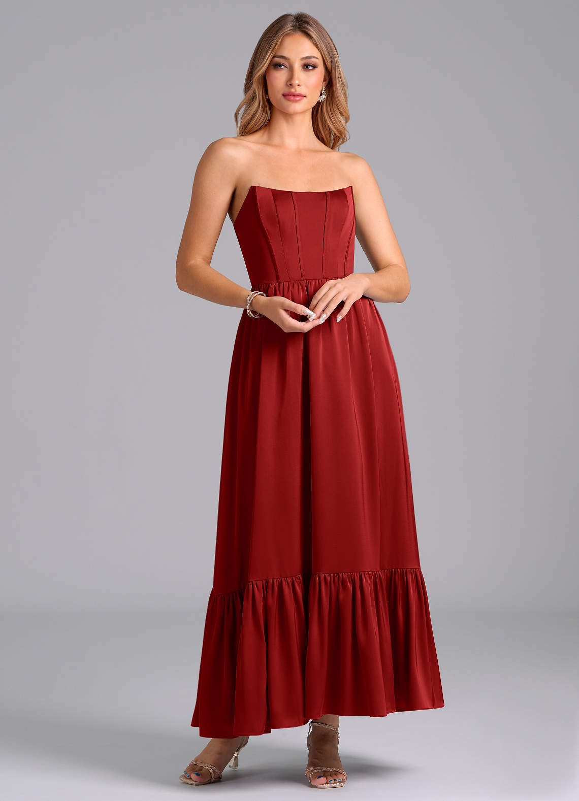 Azazie Leilana Bridesmaid Dresses Pomegranate A-Line Corset Stretch Satin Dress image1