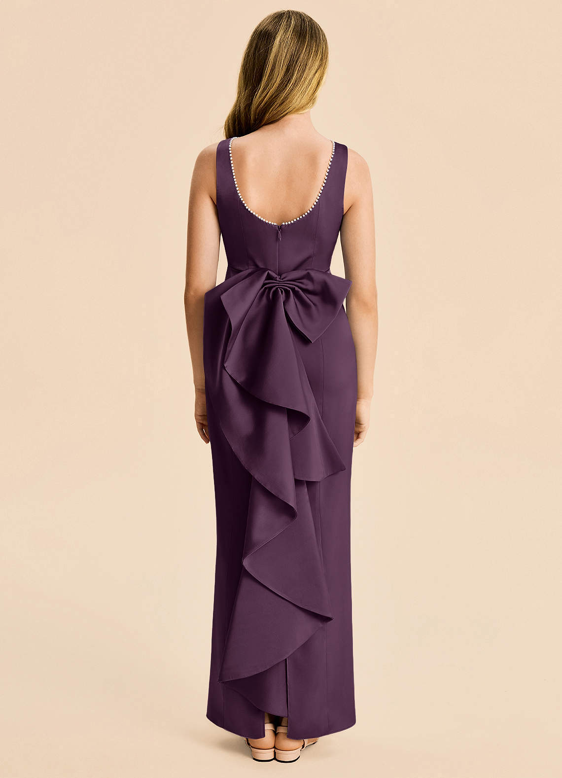 Azazie Emi Junior Plum Sheath Bow Stretch Satin Dress image4