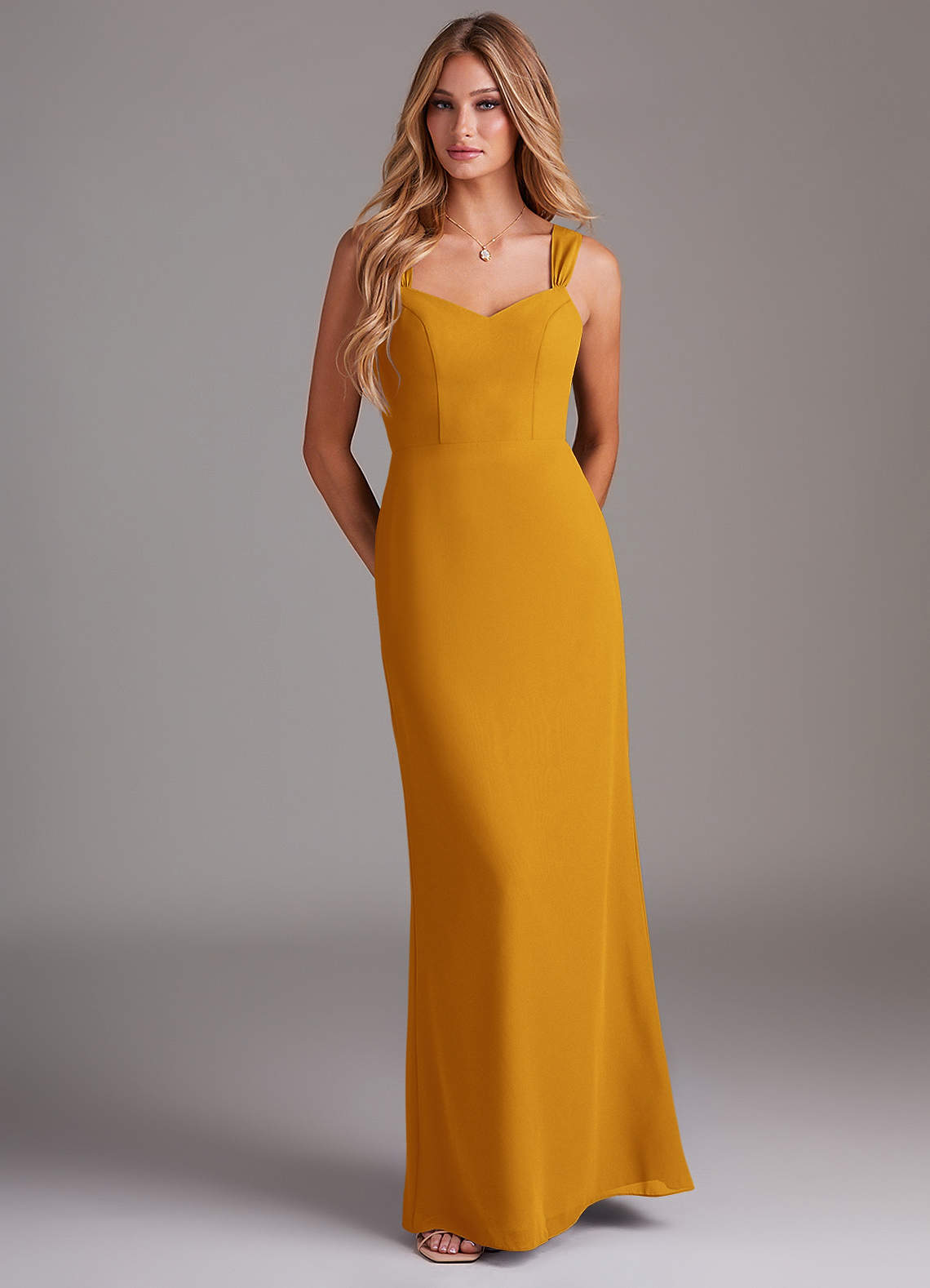 Azazie Denice Brautjungfernkleider Etui Gefaltet Chiffon Kleid Butterscotch image1