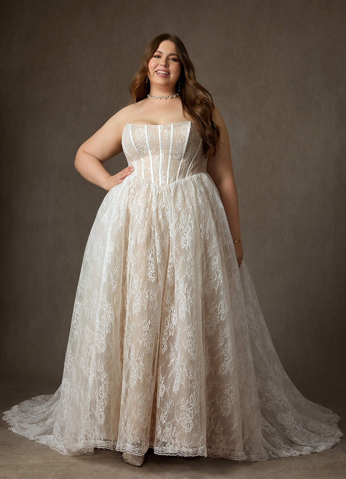 Azazie Demetria Wedding Dresses Diamond White Nude Ball-Gown Strapless Lace Dress image13