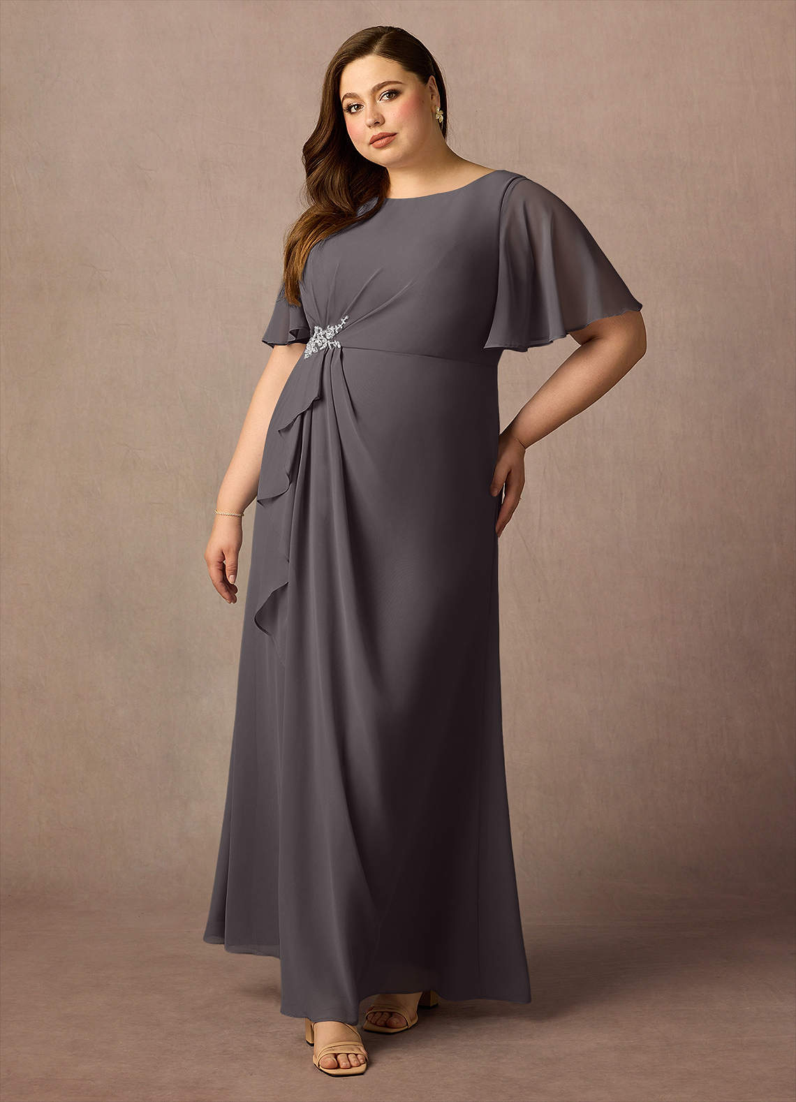 Azazie Rain Steel Grey Sheath Beaded Chiffon Dress | Azazie