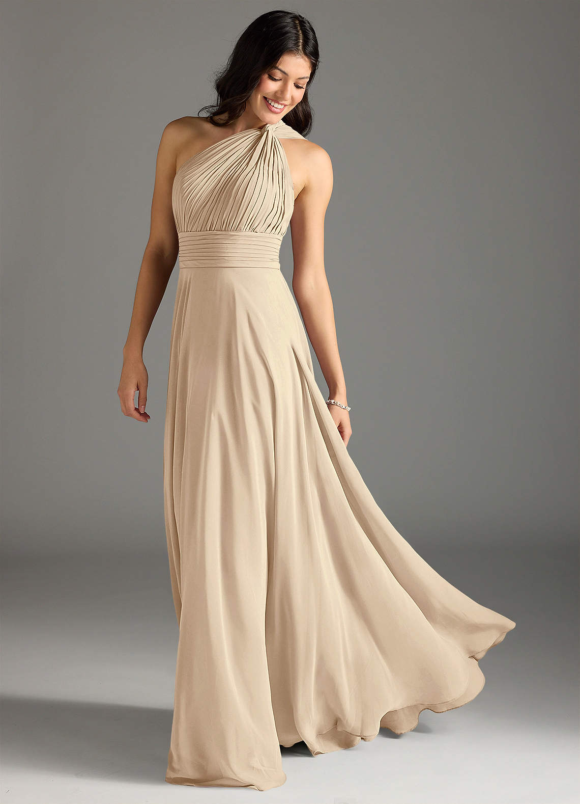 Azazie Charlize Bridesmaid Dresses Champagne A-Line One Shoulder Chiffon Dress image1