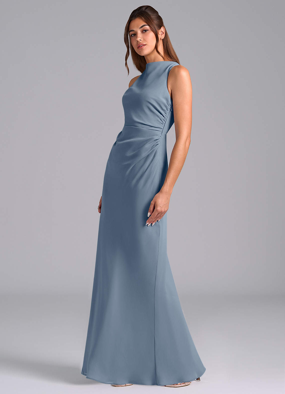 Azazie Evadne Robes de demoiselle d'honneur Robe Trapèze en Mousseline de soie Plissée Violet Crépusculaire image1
