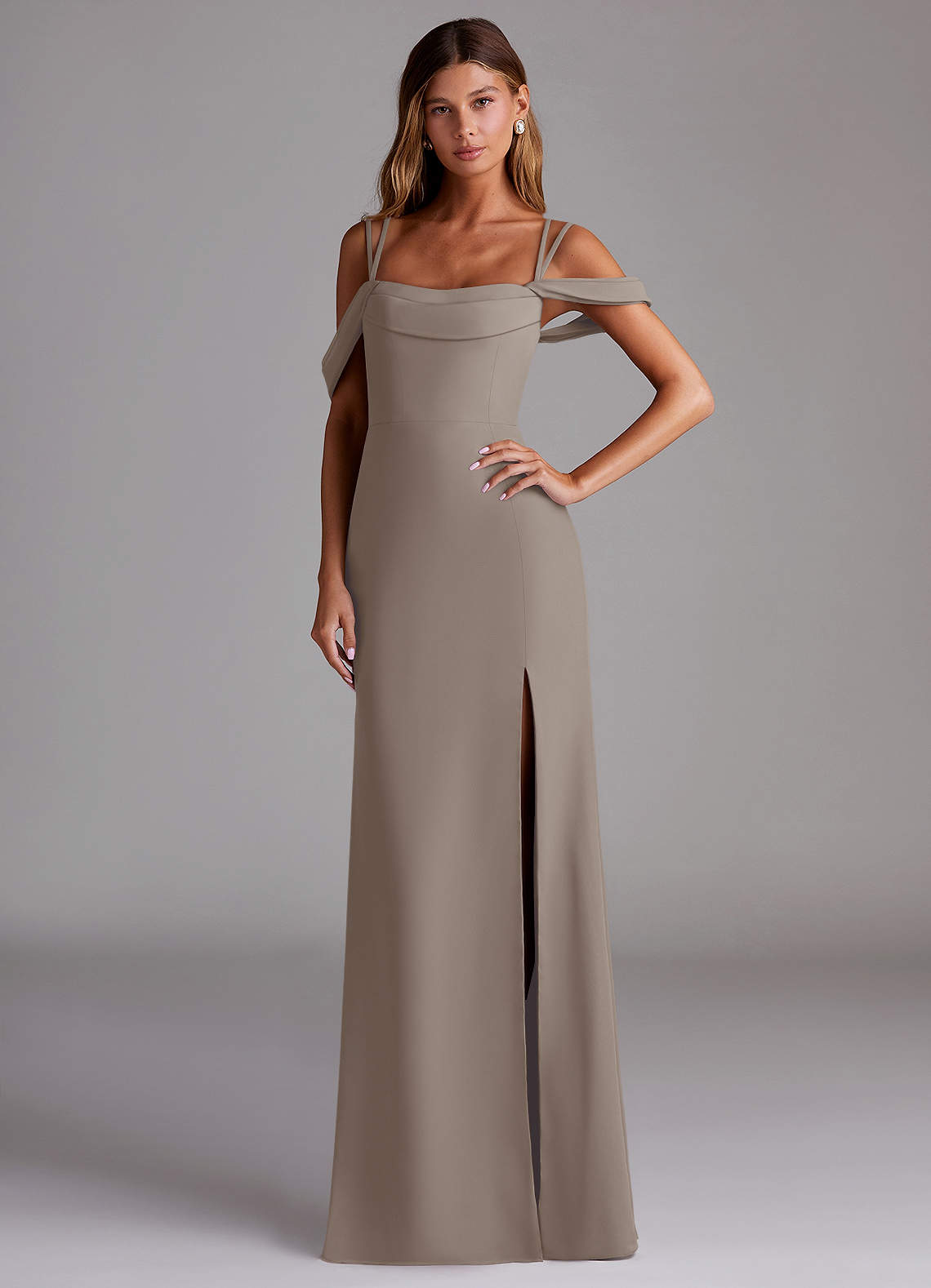 Azazie Callan Bridesmaid Dresses Taupe Mermaid Pleated Chiffon Convertible Dress image1