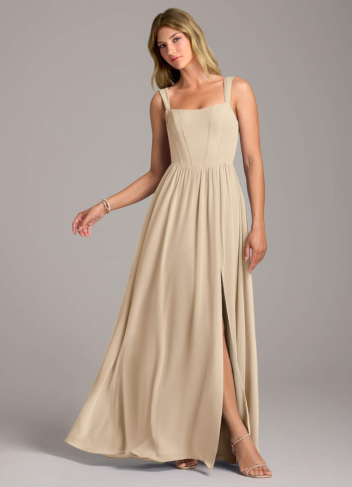 Azazie Rosaline Bridesmaid Dresses Champagne A-Line Side Slit Chiffon Dress image1