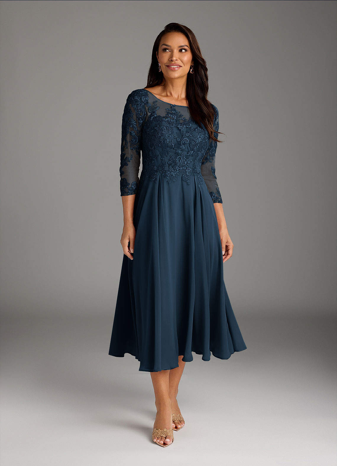 Azazie Marge Mother of the Bride Dresses Dark Navy A-Line Scoop Lace Chiffon Dress image1