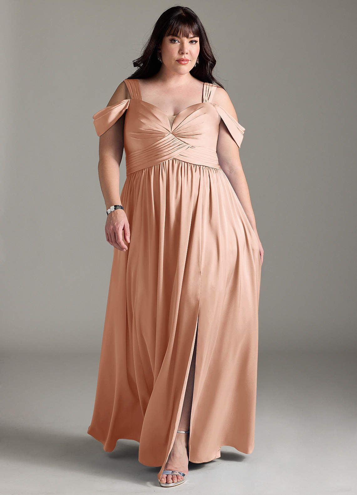 Azazie Lianne Bridesmaid Dresses Rose Gold A-Line Off the Shoulder Stretch Satin Dress image1