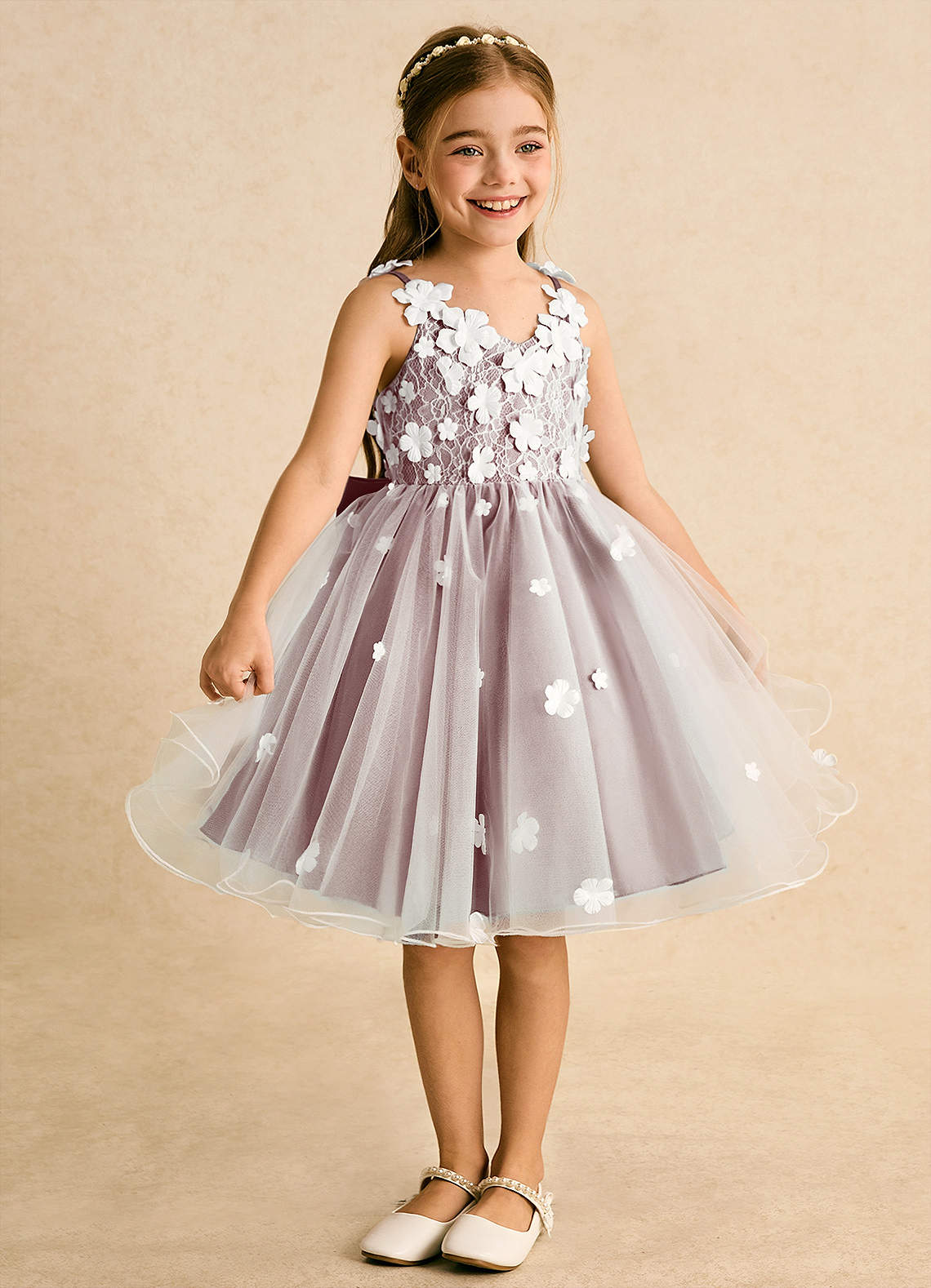 Azazie Junebug Flower Girl Dresses Ivory Dusty Rose Ball-Gown Lace Tulle Dress image4