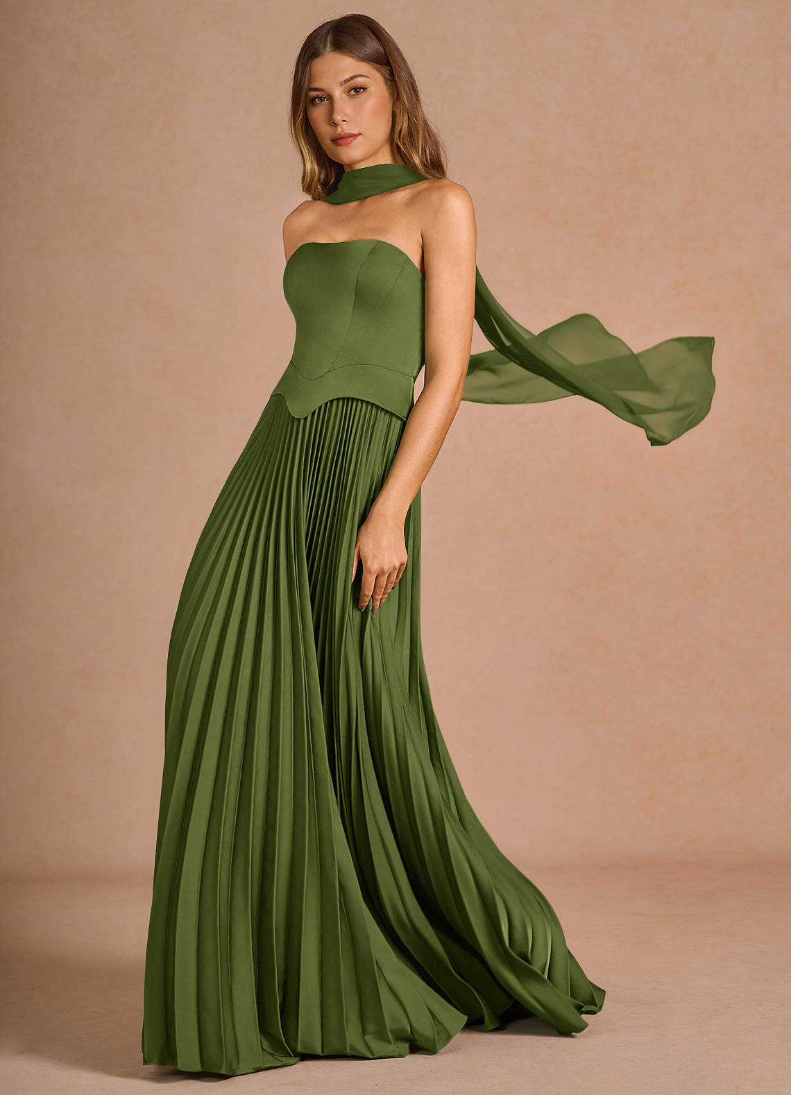 Azazie Plus Size Floor-Length Maxi Dresses A-Line Wedding Guest Formal Dresses Straight Olive