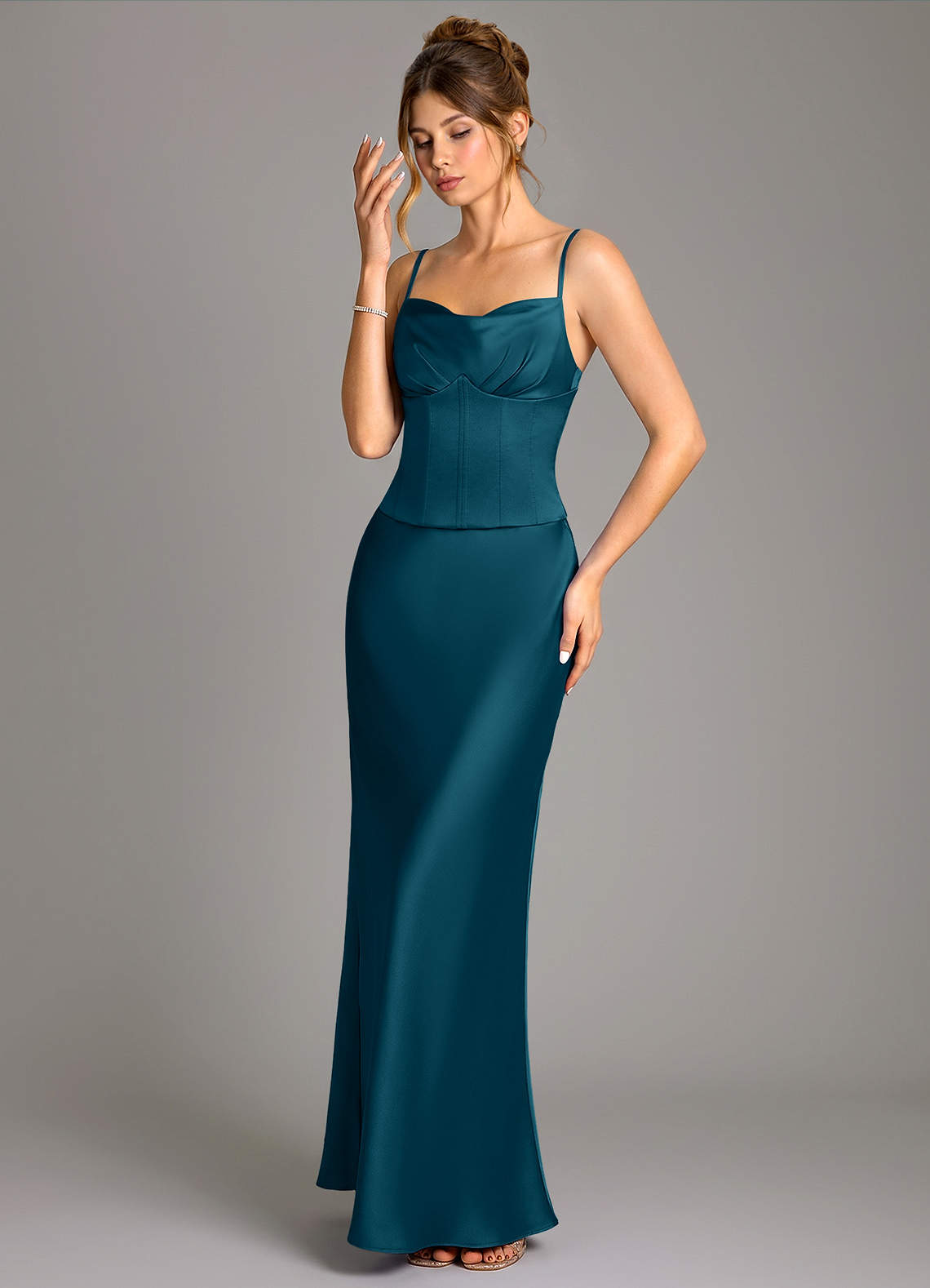 reverie bridesmaid dresses Azazie Ink Blue Stretch Satin cupboard
