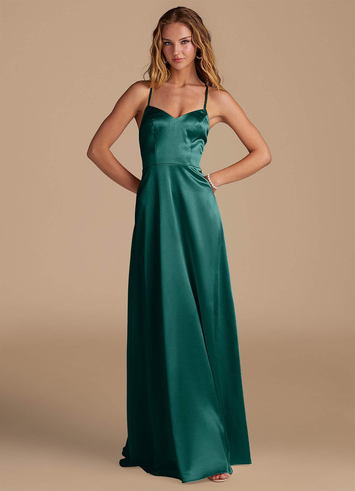 Azazie Mei Bridesmaid Dresses Pine A-Line Metallic Satin Dress image1