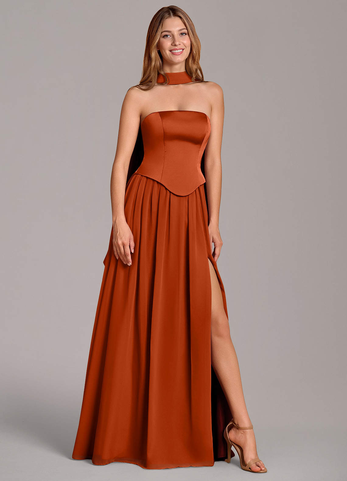 Azazie Cadence Bridesmaid Dresses Paprika A-Line Corset Stretch Satin Convertible Dress image1