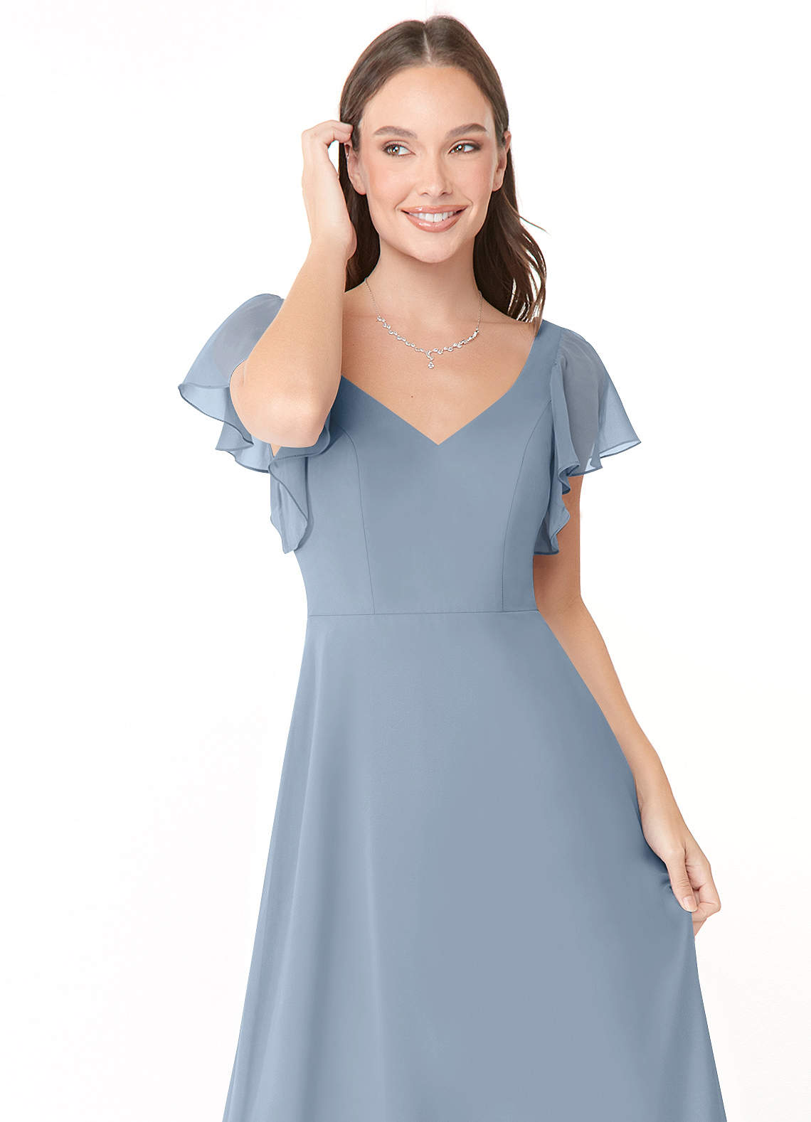 Azazie Syenna Bridesmaid Dresses Dusty Blue A-Line Ruched Chiffon Dress image4