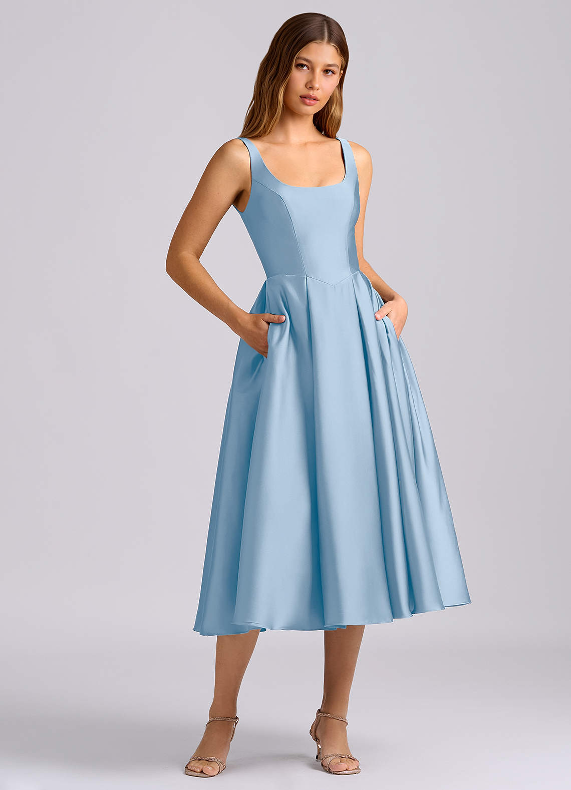 blue pleated bridesmaid dress Azazie Amalie blue floral bridesmaid dresses