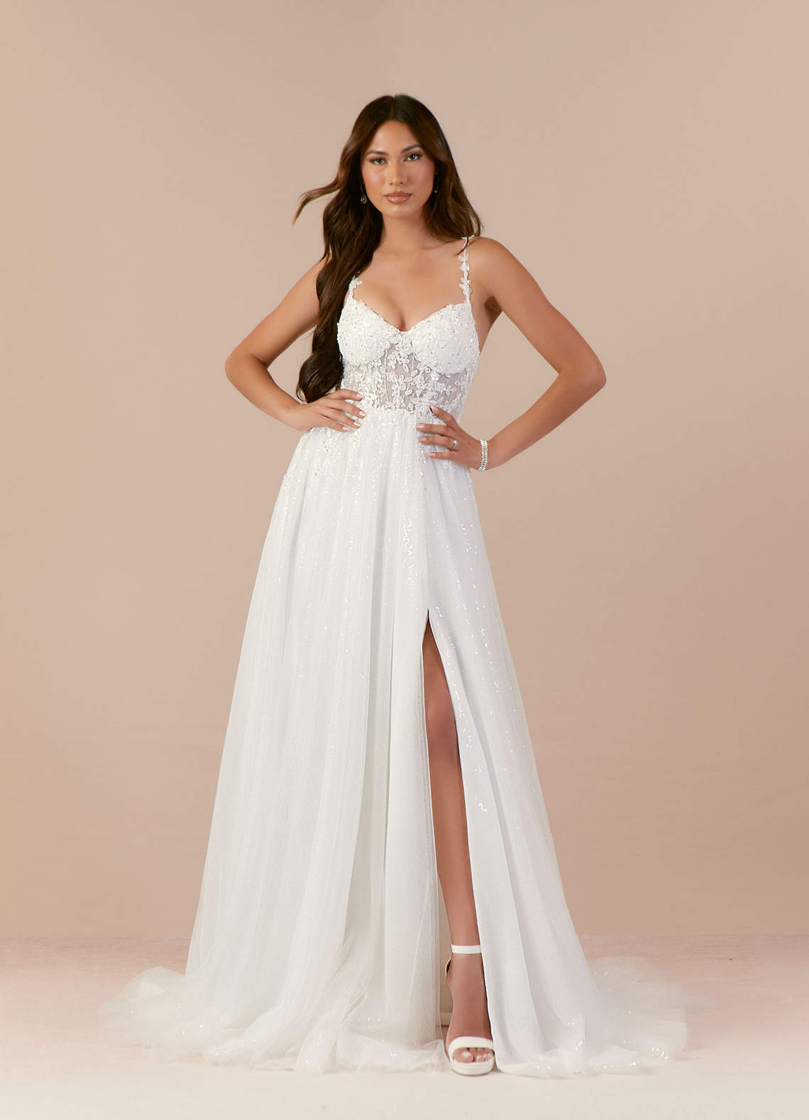 Azazie Florian Wedding Dresses Diamond White A-Line V-Neck Sequins Tulle Dress image4