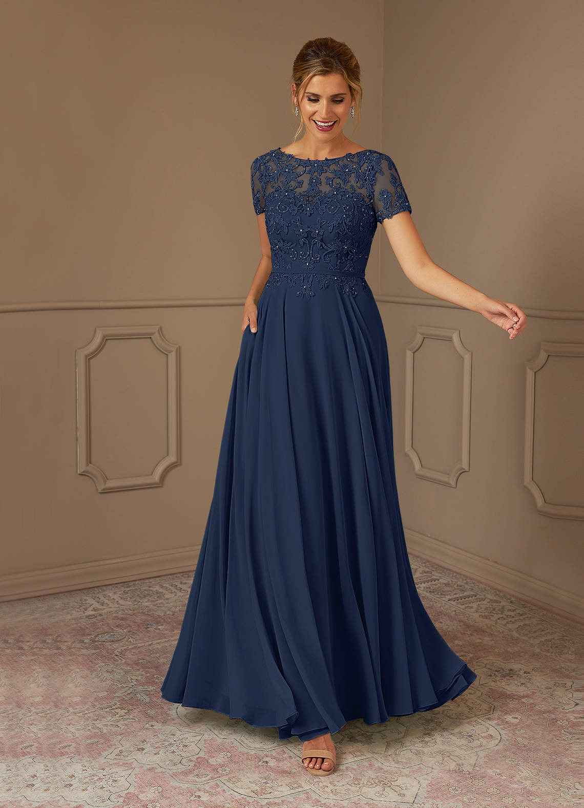 Azazie Adina Mother of the Bride Dresses Dark Navy A-Line Boatneck Sequins Chiffon Dress image1