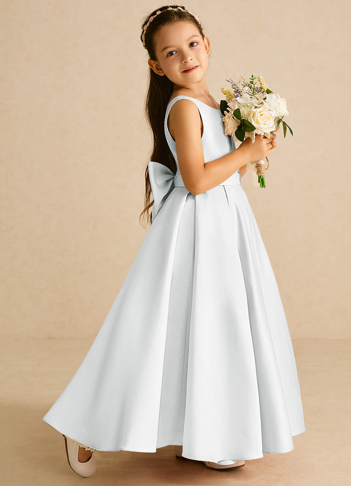 Azazie Pipsy Flower Girl Dresses Diamond White A-Line Bow Matte Satin Dress image2