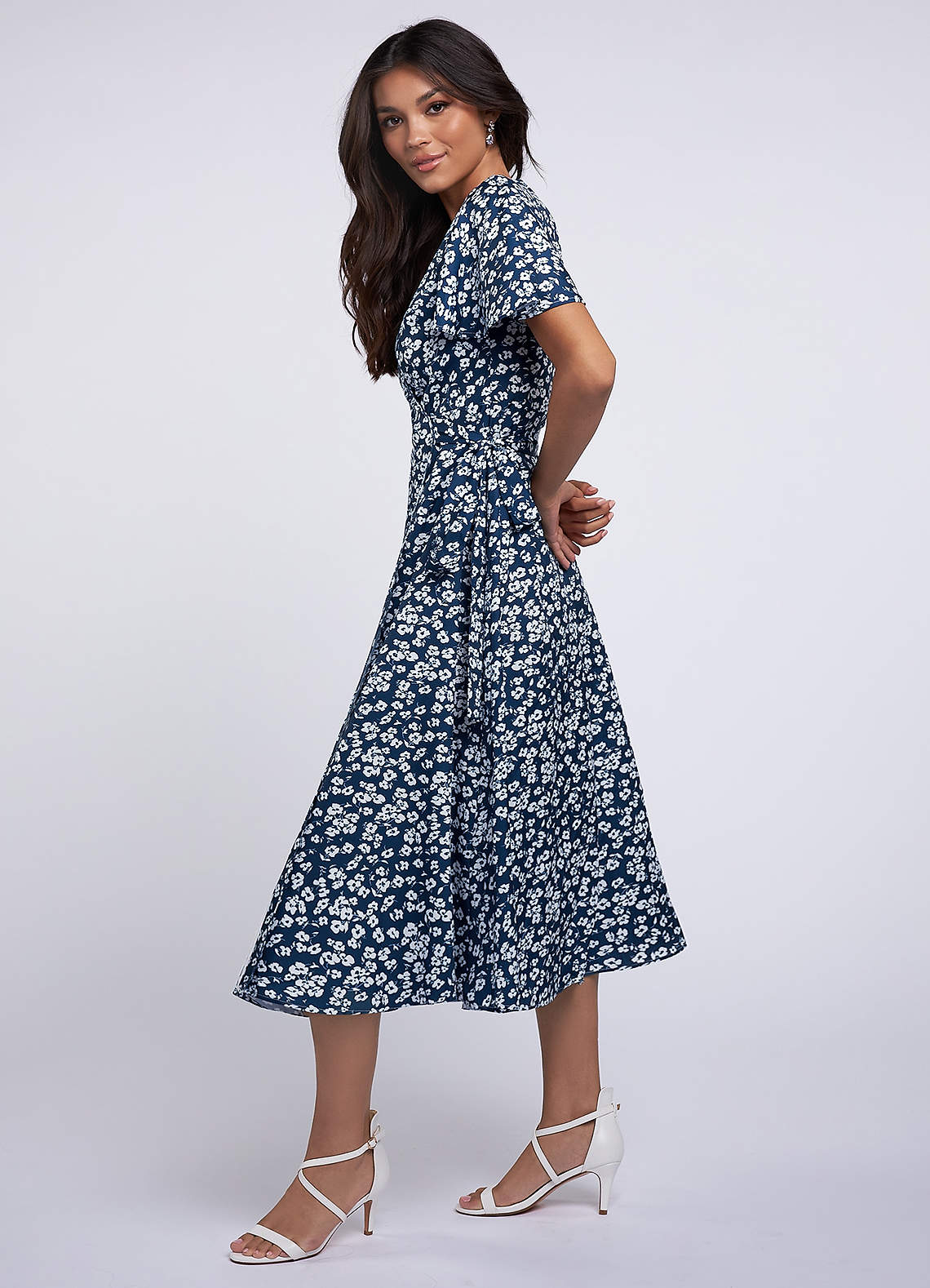 Blue Plus Size Floral Print Wrap Midi Dress