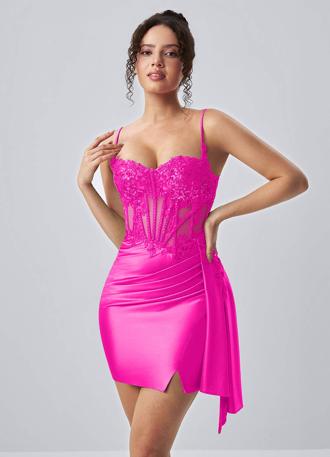fuchsia corset dress Calisthenia Stretch Satin Lace Rhinestones Mini SIZE:11.5 Blooming Rose Boho Floral S10 Formal dress 1x Women Dress
