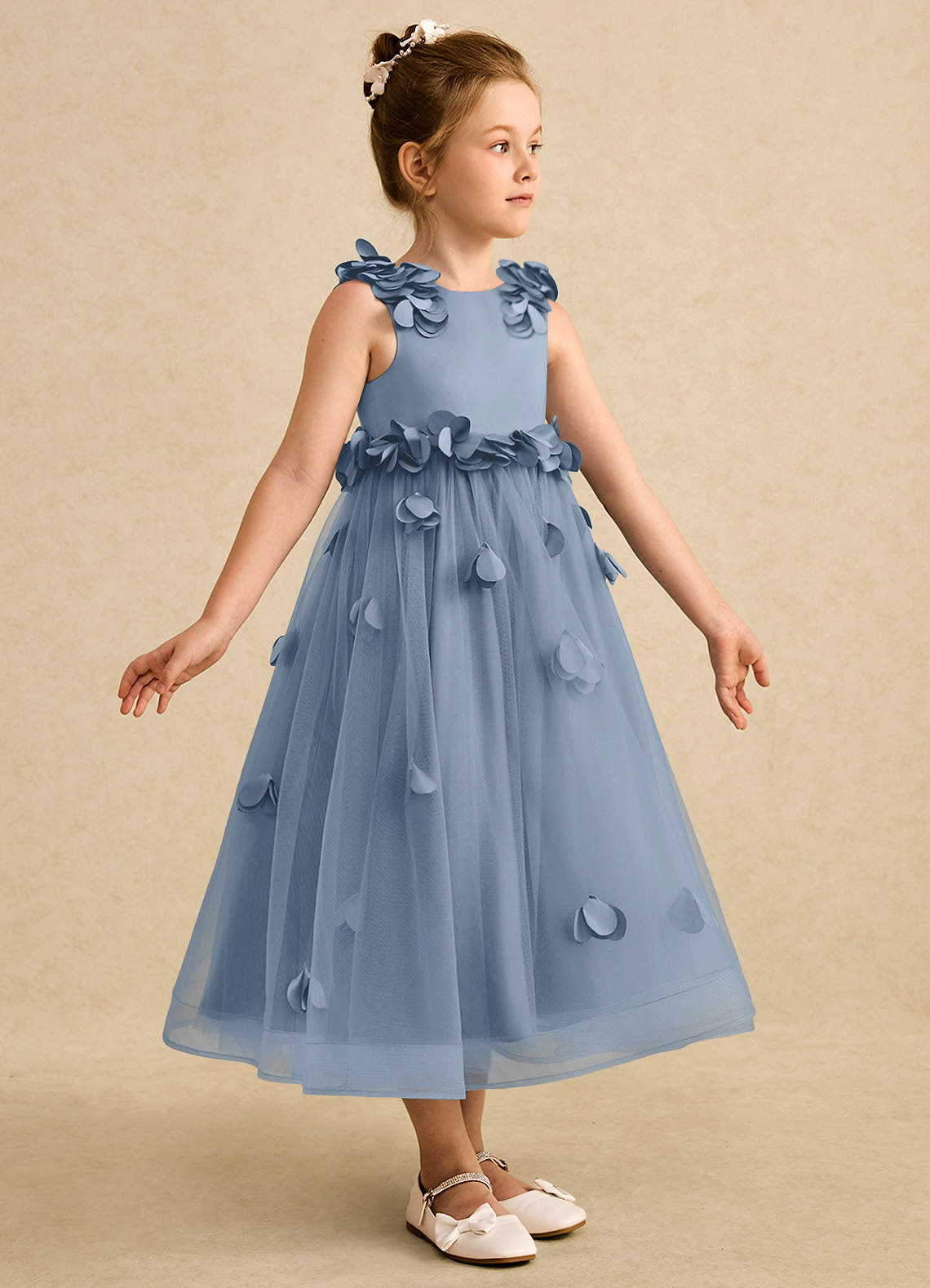 Azazie Atta Jurken voor bloemenmeisjes A-Lijn Jurk van Tule One-Shoulder Stoffig Blauw image2