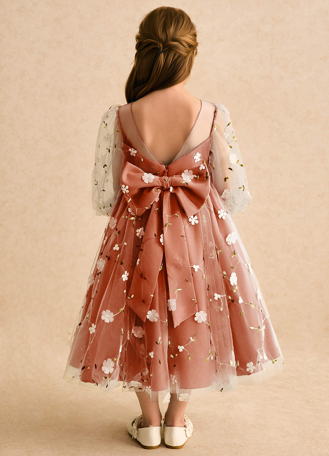Azazie A-Line/Princess Illusion Tea-Length Tulle Flower Girl Dresses - Burnt Orange