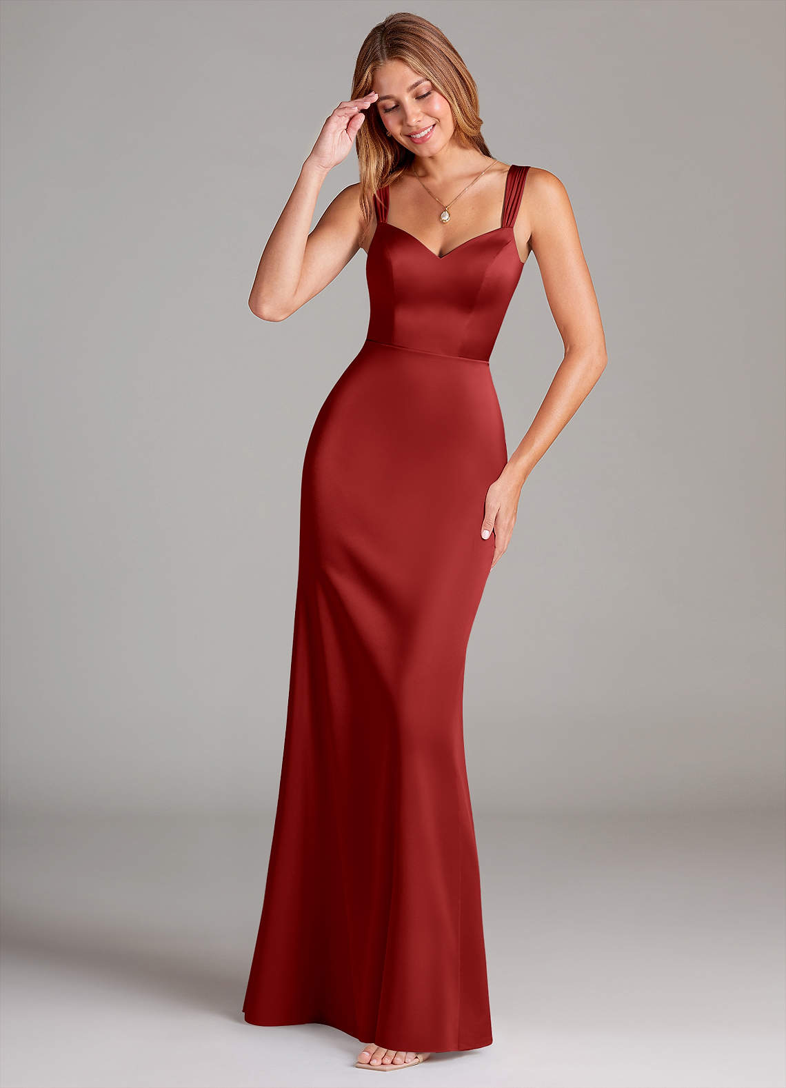 Azazie Denice Bridesmaid Dresses Pomegranate A-Line Pleated Stretch Satin Dress image1