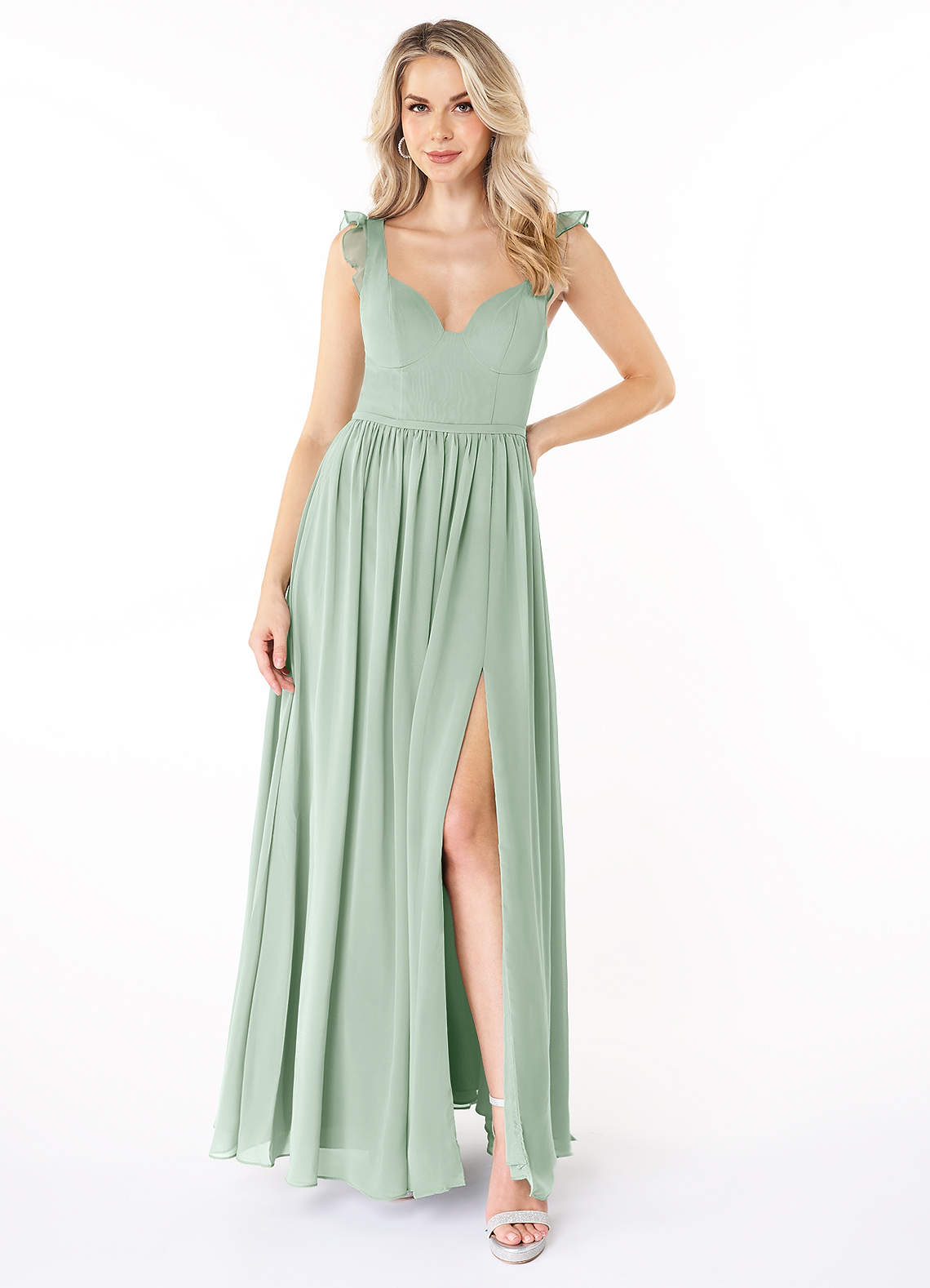 Azazie Stassie Brautjungfernkleider A-Linie Herzchen Gerüscht Chiffon Kleid Agave image1