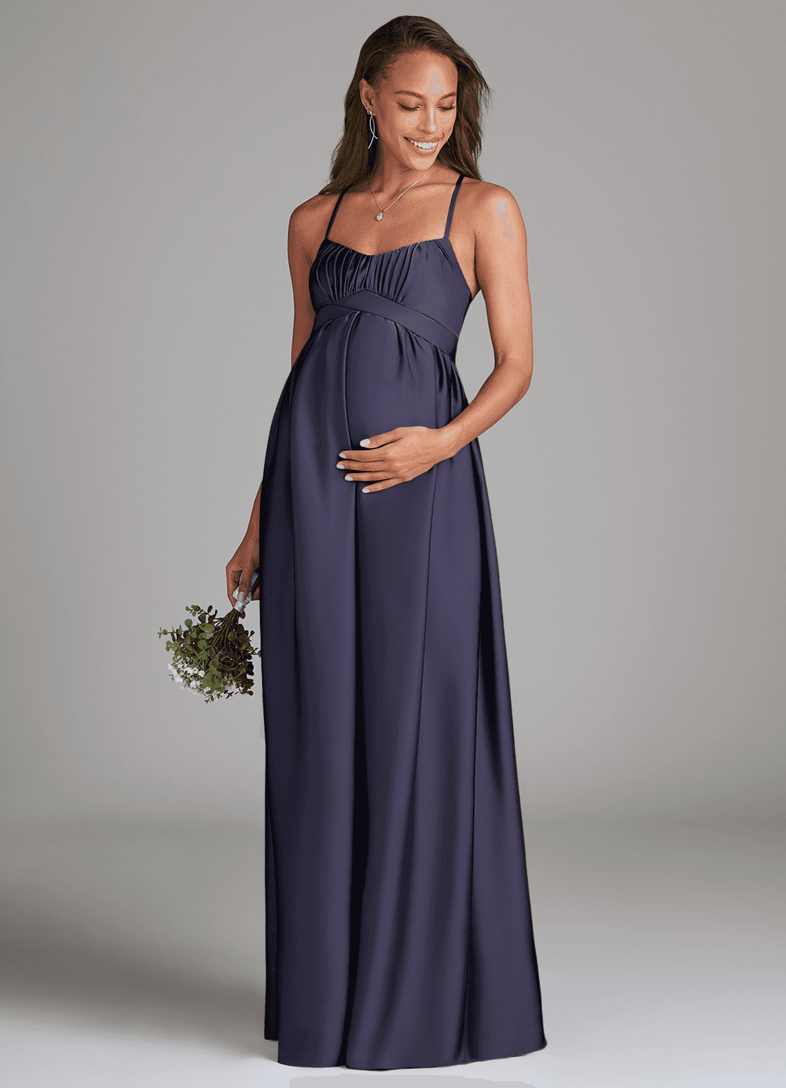 Azazie Llana Maternity Bridesmaid Dresses A-Line Stretch Satin Floor-Length Dress with Pockets image1