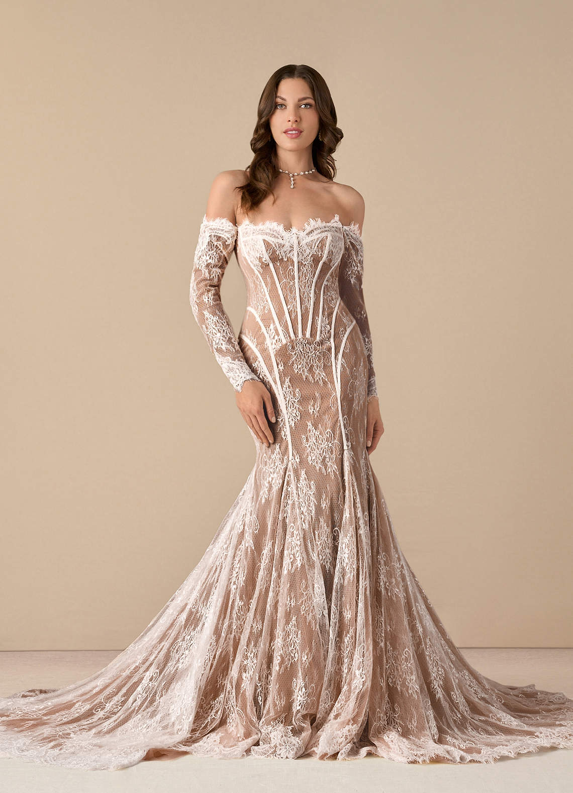 Azazie Katherine Wedding Dresses Diamond White Mocha Mermaid Off the Shoulder Tulle Dress image1