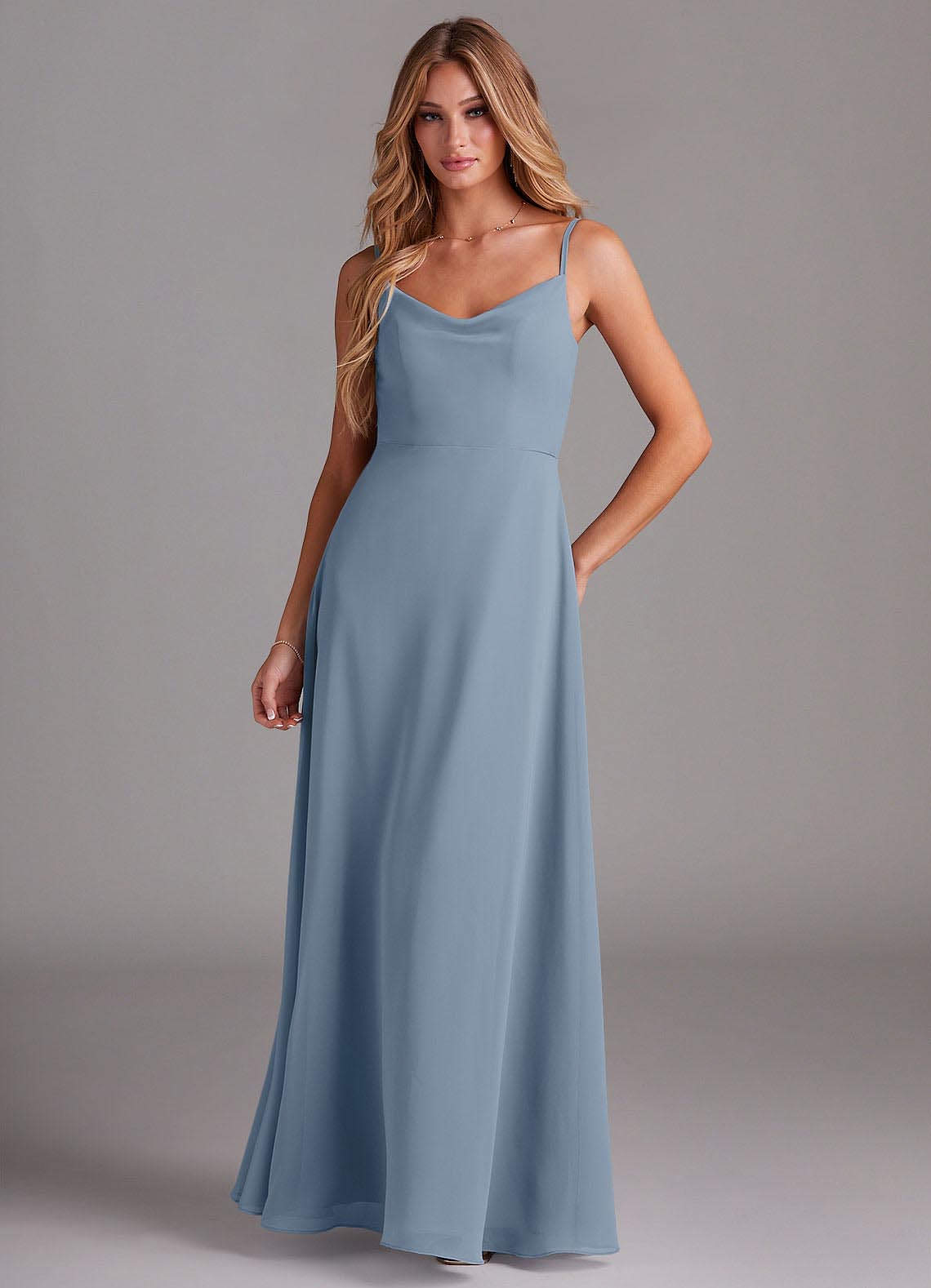 Azazie Daenerys Vestidos de damas de honor Vestido de Azul Polvoriento de Gasa de Corte en A con Vaca image1